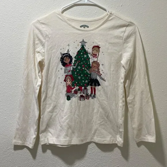 Girls Ivory Long-Sleeve Christmas Graphic Tee With Festive Holiday Tree - Picture 2 of 10